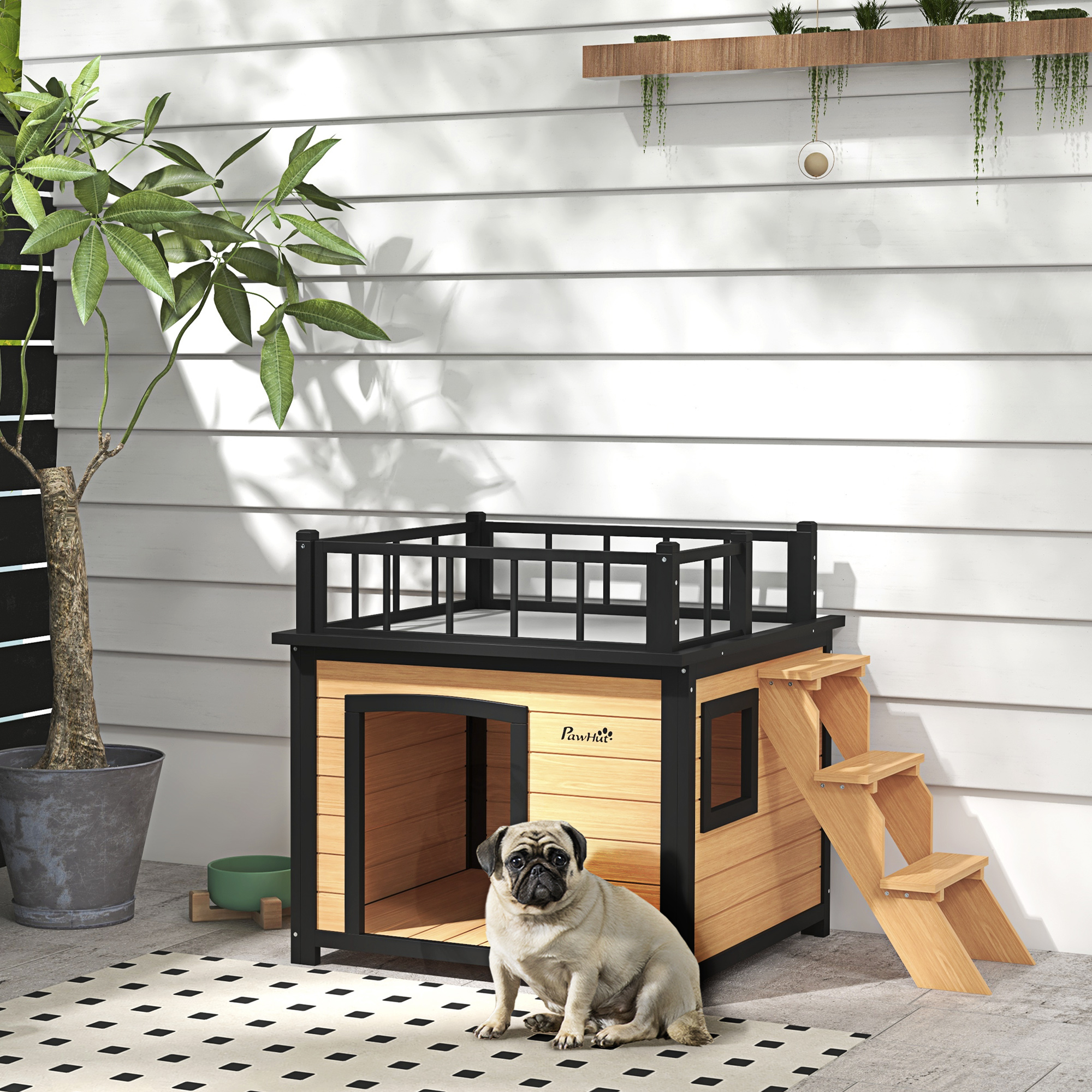 Dog House Dog House , Elevated Small Animal House With Stairs, Window, Dog Cave For Small, Medium Dogs, Pine Wood, Yellow, 121 X 77 X 78 Cm