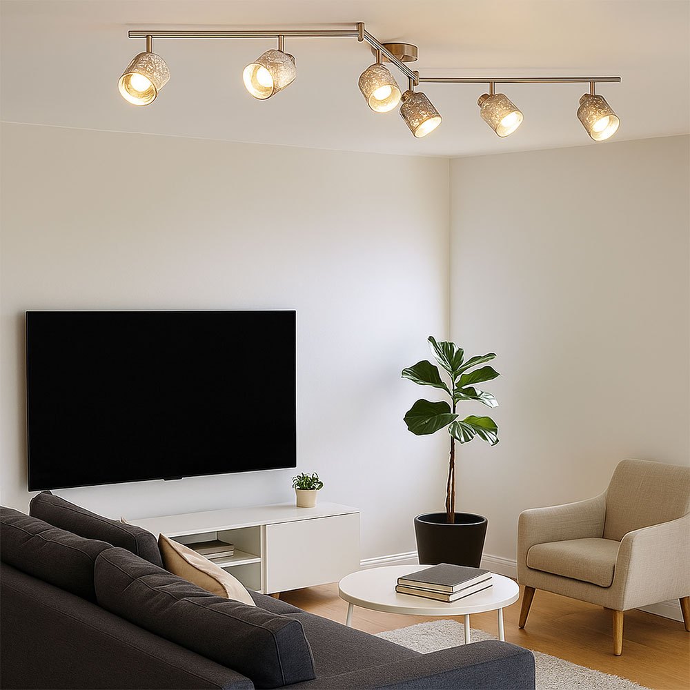 Image of Ceiling Lamp 6-arm Swivel Spot Light Bar, Living Room Light, Metal Velvet Silver, 6x E14, Lxh 145x18 Cm