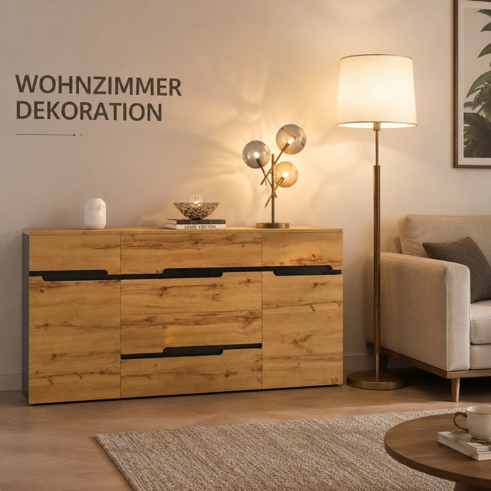 Image of 160x40x80cm Modern Sideboard In Oak Finish With 4 Drawers And 2 Doors, Multifunctional Storage Cabinet For Dining Room, Living Room, And Bedroom