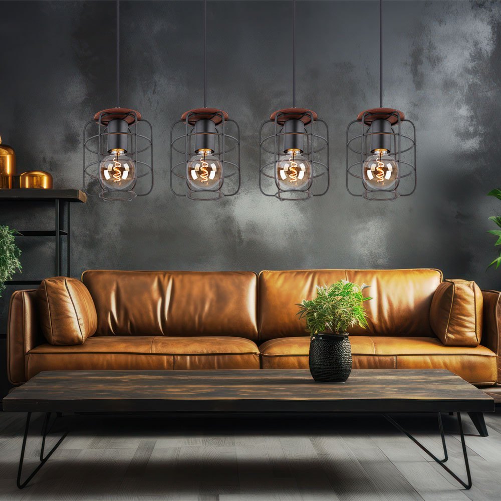 Image of Wooden Pendant Lamp Cage Shade Black Dining Room Lamp, Metal, 4x E27 Sockets, Lxbxh 74x15x120 Cm