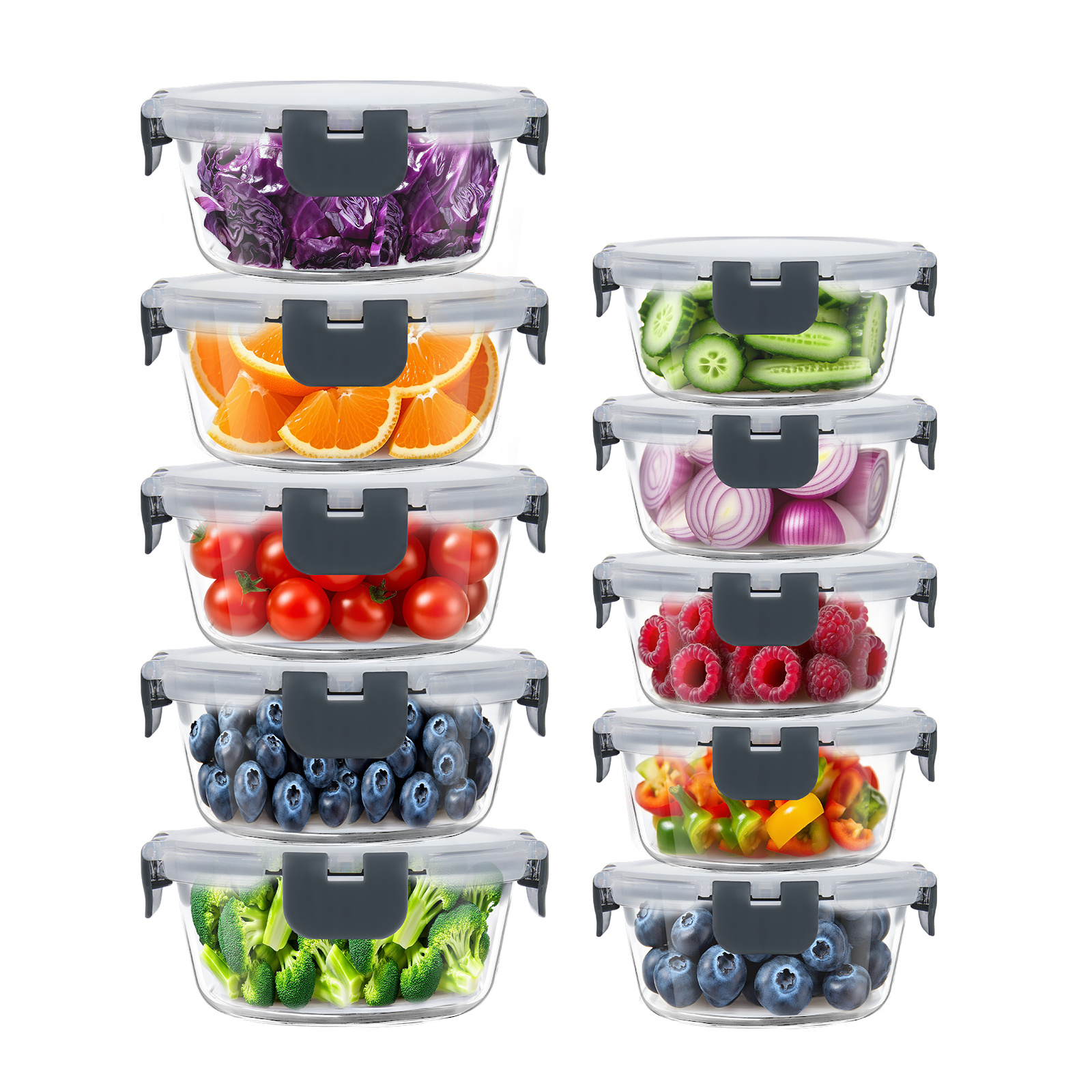 TEMU Meal Prep Glass Containers With Airtight Lids – 10 Pack, Rectangle (2 Sizes: 1050ml & 370ml) & Round (2 Sizes: 950ml & 400ml) – Borosilicate