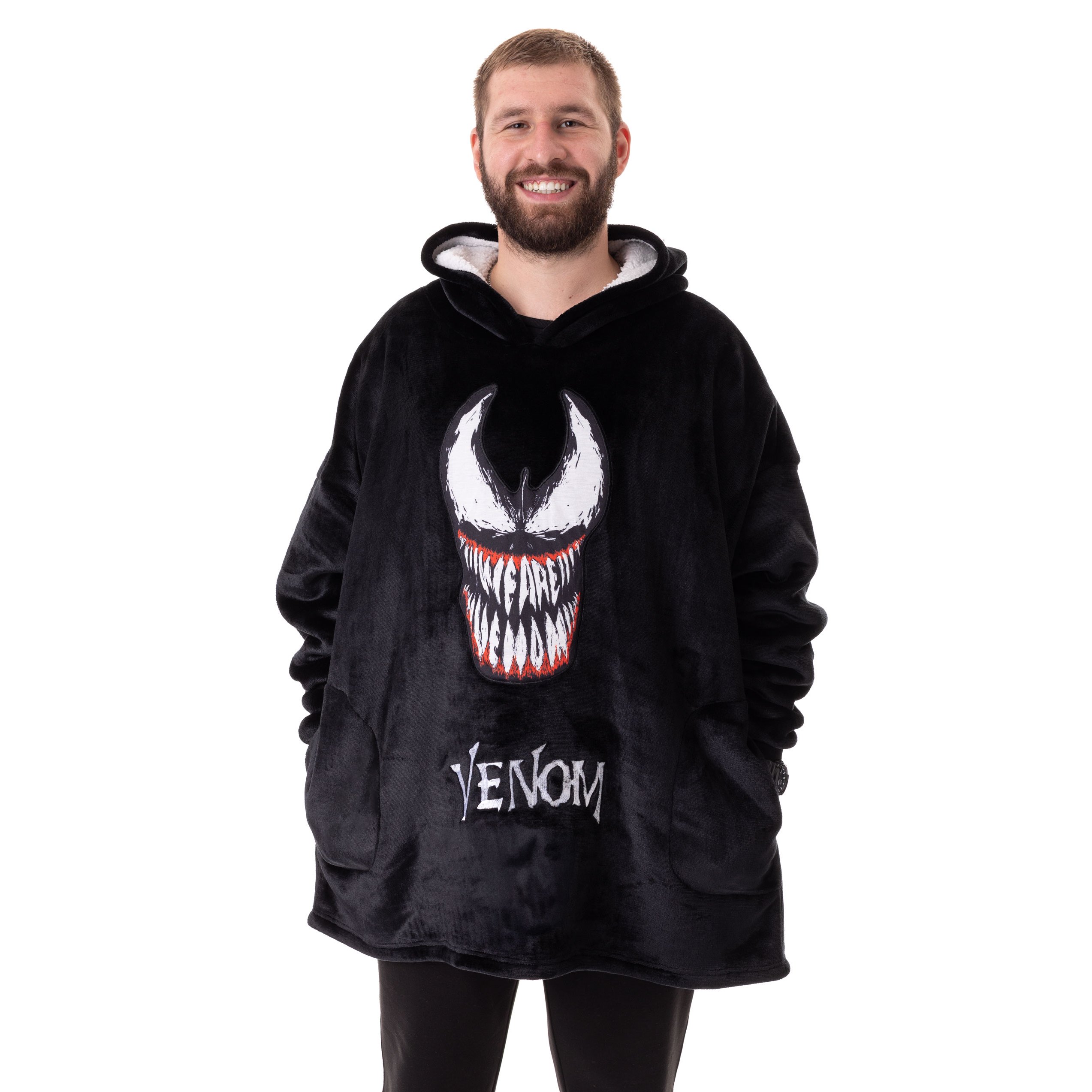 TEMU Venom Mens Wearable Blanket Hoodie | Adults Fleece Hooded Pullover In Black With Venom Character | Sherpa Lined Loungewear With Pockets |
