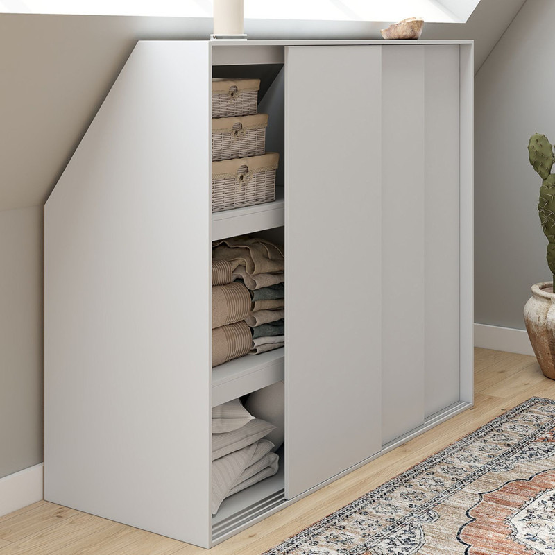 TEMU Armoire sous pente 3 portes coulissantes 3 niveaux TOMI 130 x 50 x 70/110 cm blanc
