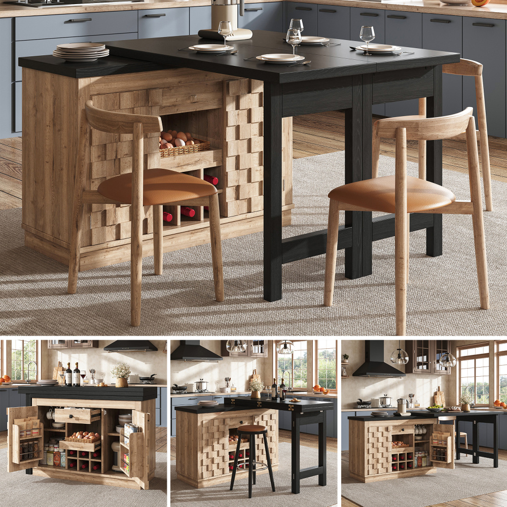Image of Extendable Dining Table With Rotating Table Top, Mosaic Doors Without Protruding Handles, Multiple Storage Areas, Metal Rails For Drawers, Suitable For Kitchen Dining Room, 120-197×40×74.2cm