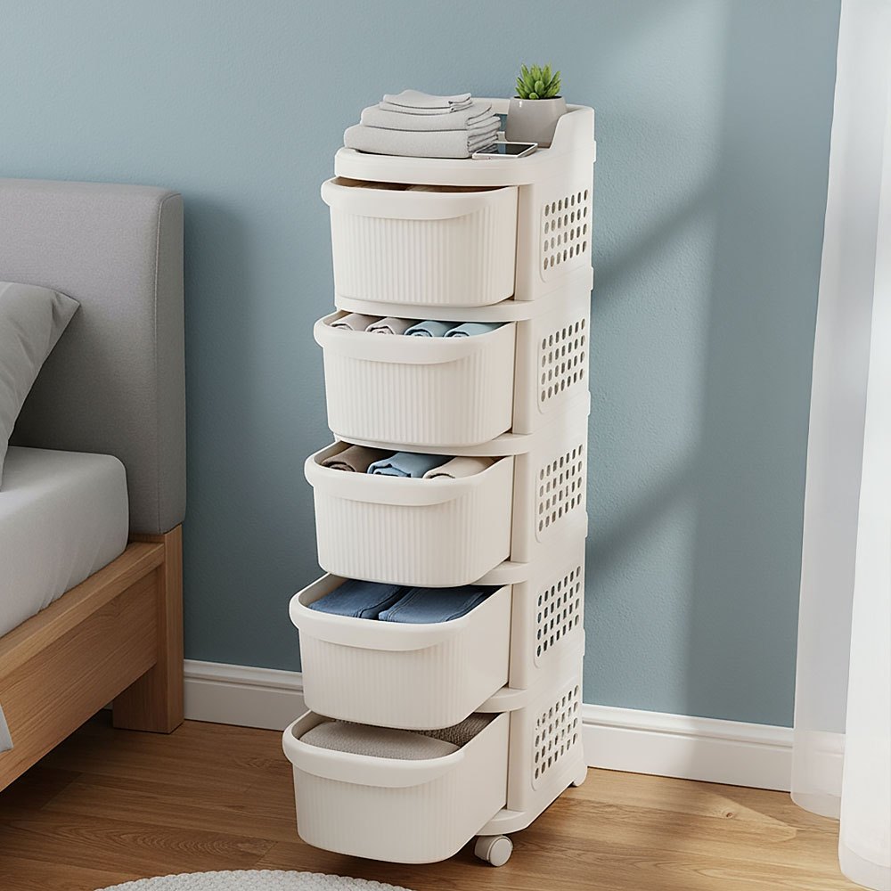 TEMU Cream White, Freestanding Domestic Storage Trolley, - Accommodates Fruit, Vegetables, Books, Toys, Snacks Etc. Drawer-style Compartmentalised