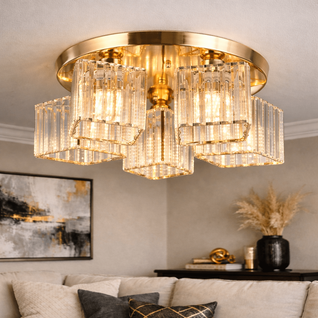Sasha Chandelier, Lc117/5gd, 5x E27, Metal And Crystal, Gold, Lampshade