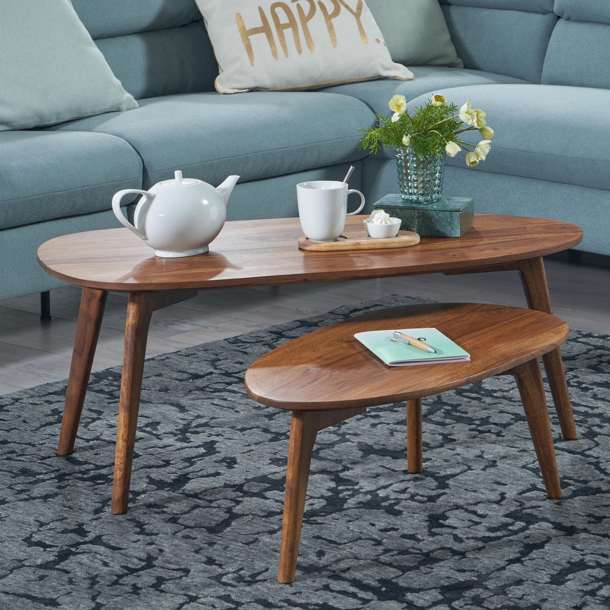 Coffee Table 2pcs Set Solid Room Table, Set Table Wooden Table Kidney-shaped Coffee Table, Retro Table Set 2-part Side Table Wood