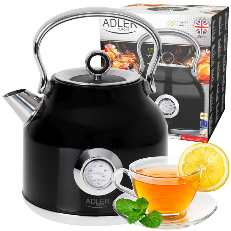 Elektrische Waterkoker Metalen Adler AD 1346B 1.7L Zwart 2200W Temperatuur Indicator
