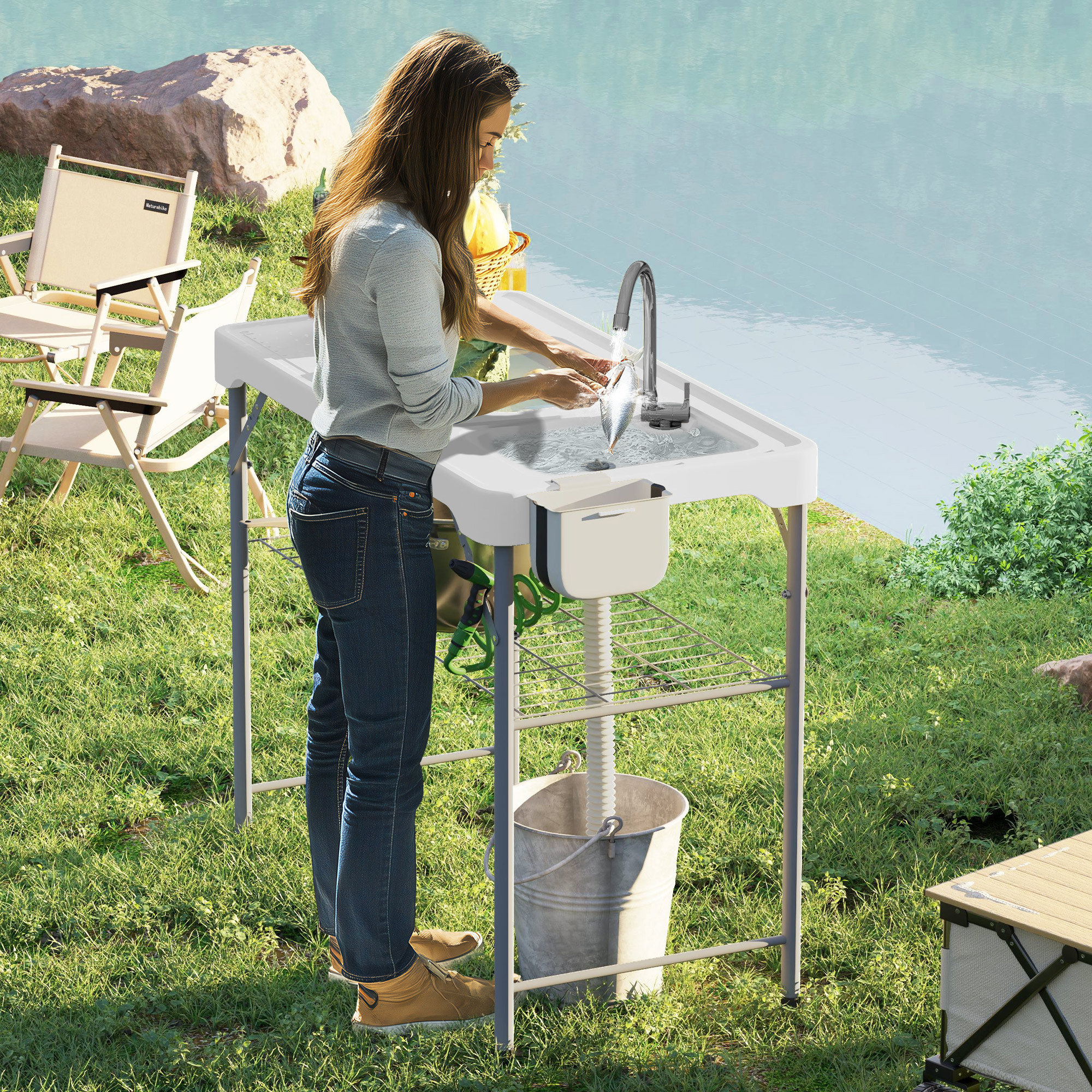 Image of Outsunny Portable Fish Cleaning Table Folding Camping Table With 2 Sink Drain Hose And Faucet For Fishing Bbq White