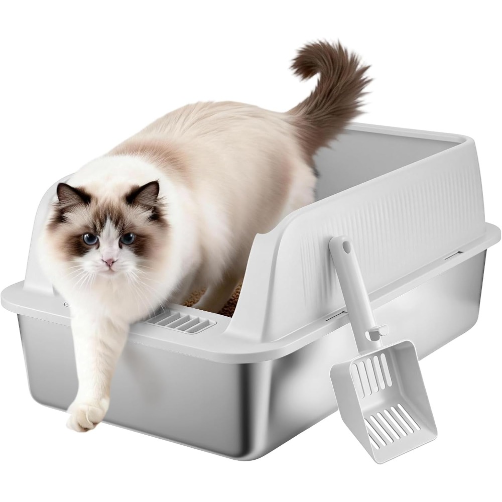 Image of Stainless Steel Cat Toilet Large Semi-enclosed Easy To Accessories Adhesive Cat Litter Box