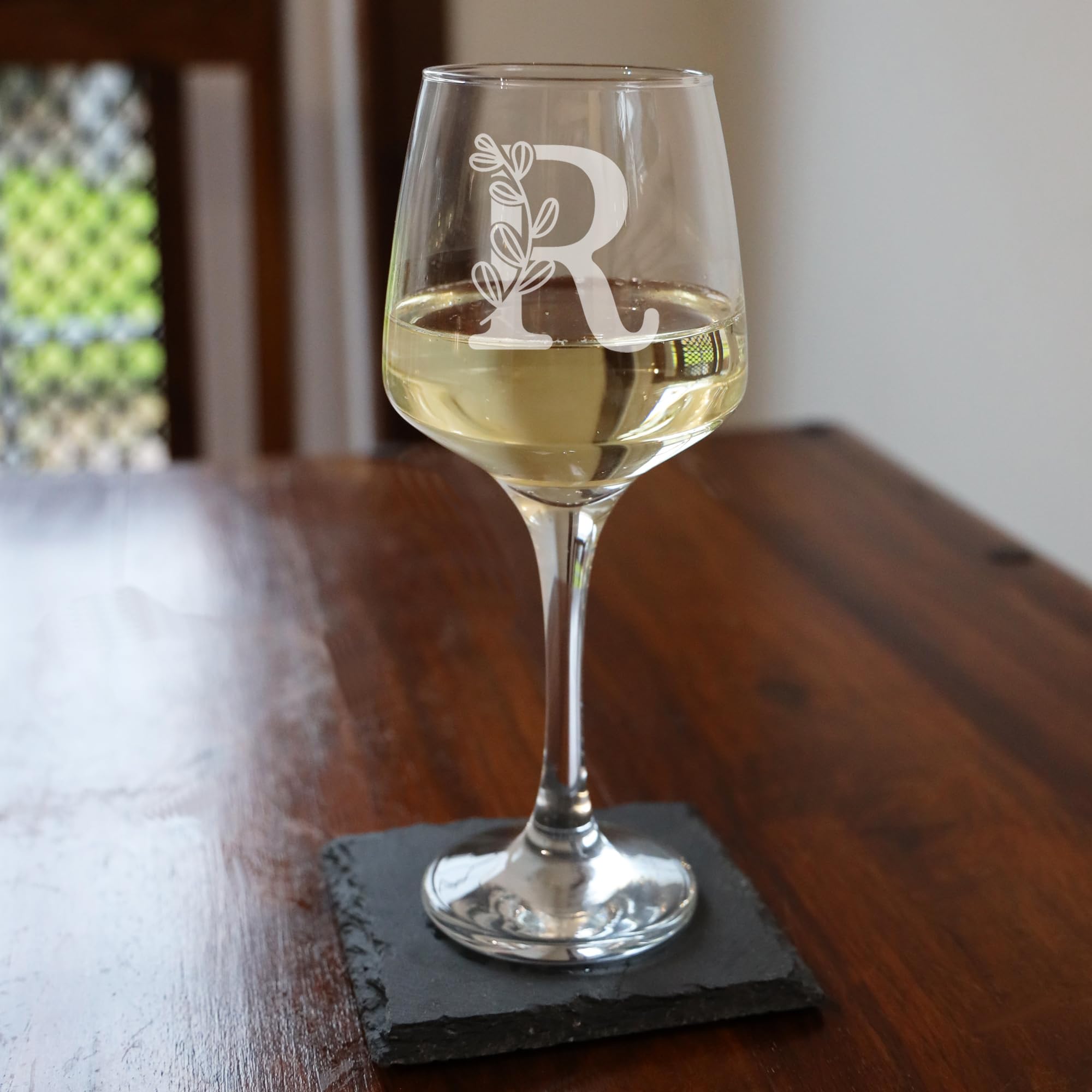 R Monogram Initial Etched Wine Glass Engraved Name