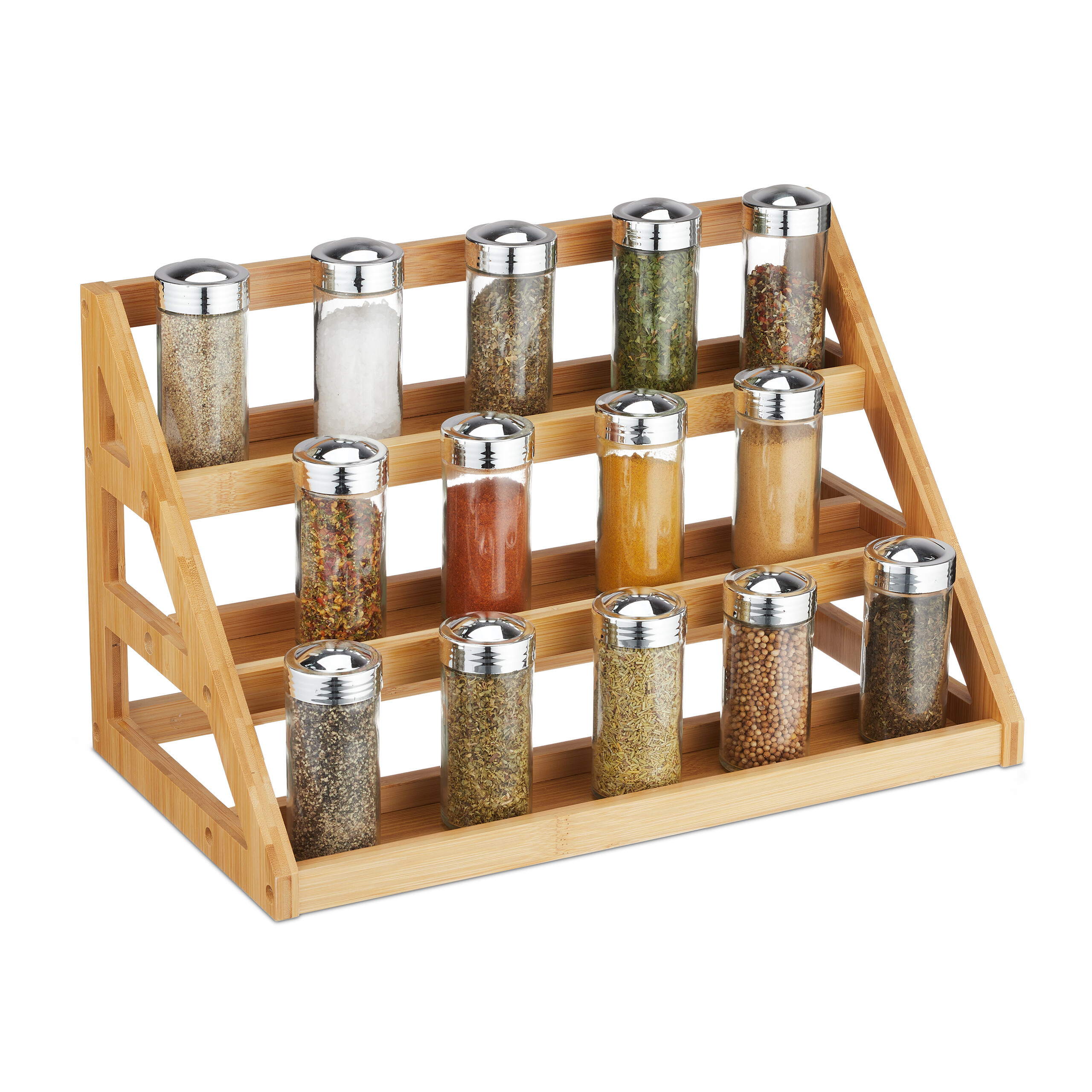Image of Spice Rack Bamboo, 3 Levels, 23.5 X 39.5 X 21.5 Cm, Natural, Space-saving For Kitchen, Countertop, Cooking Area And , Spice Stand, Spice Holder, Spice Ladder, Relaxdays