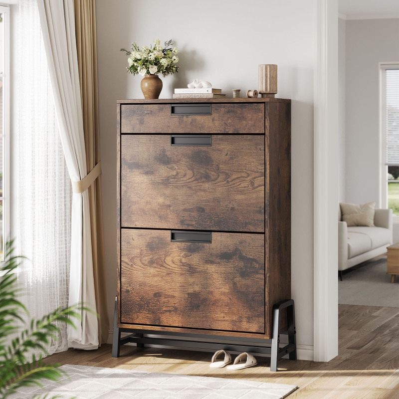 Image of Shoe Storage Cabinet With 2 Flip Drawers, Entryway Shoe Organizer With Drawer, Freestanding Hidden Narrow Shoe Rack Cabinet For Entryway, Foyer, Hallway, Vintage