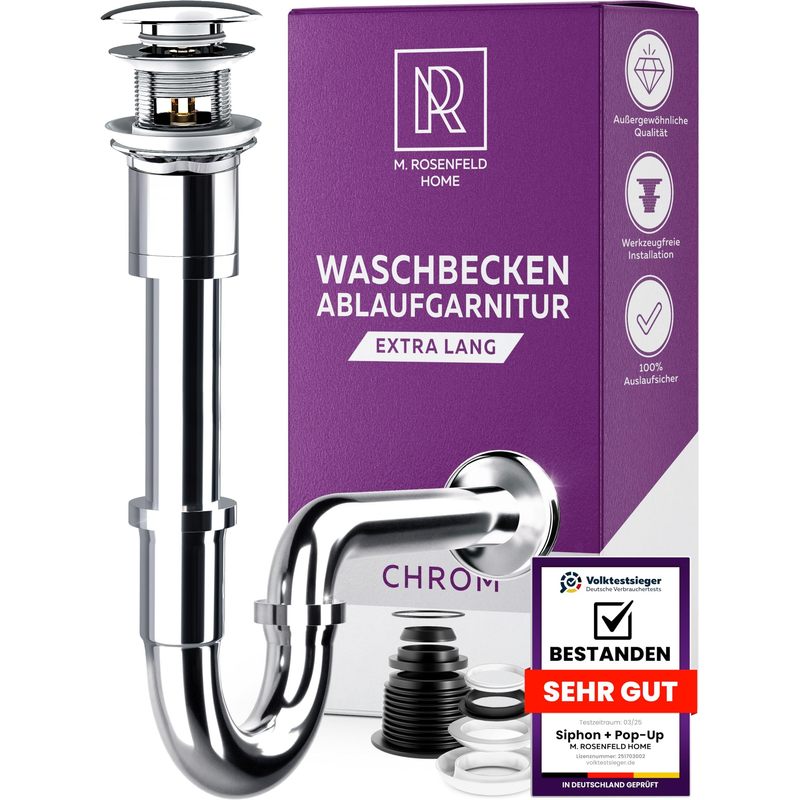 Image of Sink Siphon Xl Set With Pop-up Drain Valve - Extra Long Stainless Steel Siphon With Overflow, Anti-odor Pipe Siphon For Sink 1 1/4" - M. Rosenfeld Home
