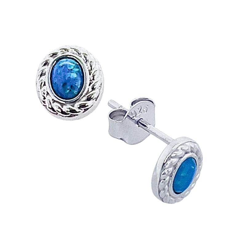 Image of Delicate Oval Silver Earrings With Blue Stone, Studs, 925 Sterling Silver