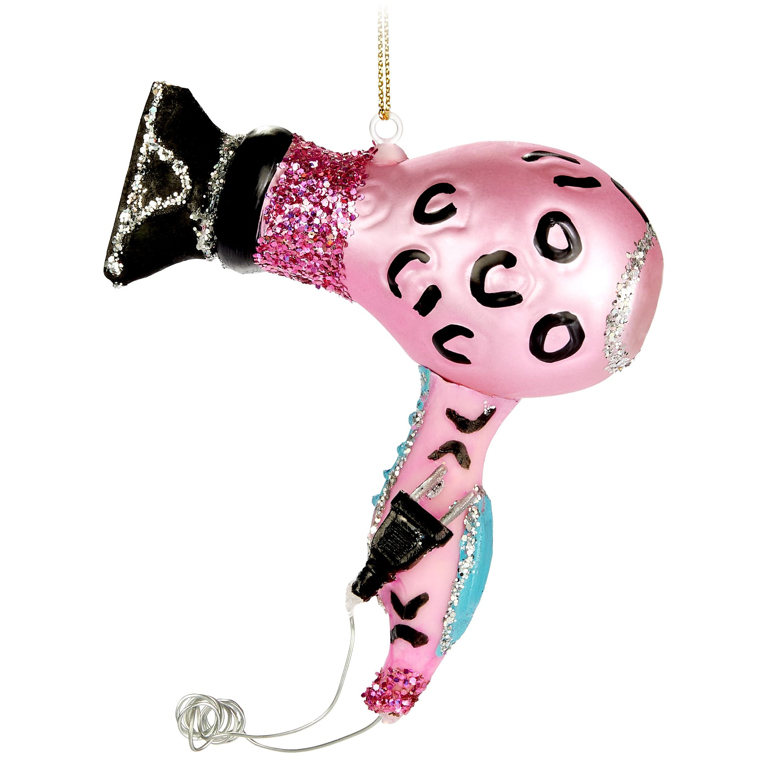 Image of Brubaker Pink Hair Dryer With Leopard Pattern - Hand-painted Glass Christmas Ornament - 12 Cm Glitter Tree Ball For Women - Hand-blown Christmas Tree Decoration - Fun Figure Decorative Pendant
