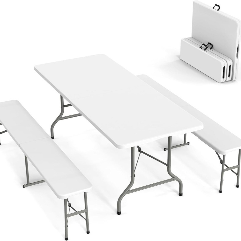 Image of 3pcs Hdpe Garden Furniture Set, Folding Table + 2 Folding Benches, Foldable Picnic Set For Indoor And Outdoor Use, Dimensions 183×76×74 Cm, White