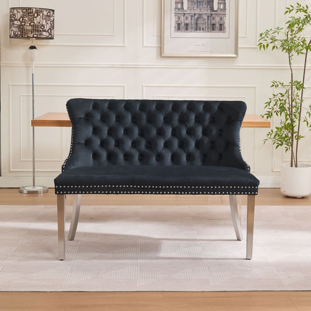Modern Dining Bench In Mid-century Style (116x58x89.5 Cm) - Golden-plated Stainless Steel Legs, Handcrafted Tufting Backrest, Comfortable Velvet Seat - For , , Elegant Dining Room