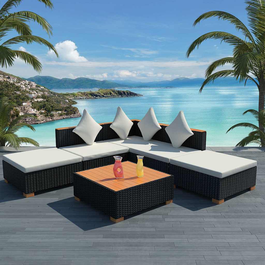 Garden Furniture 6pcs Poly Rattan Black Seating Group Lounge Garden Set Sofa