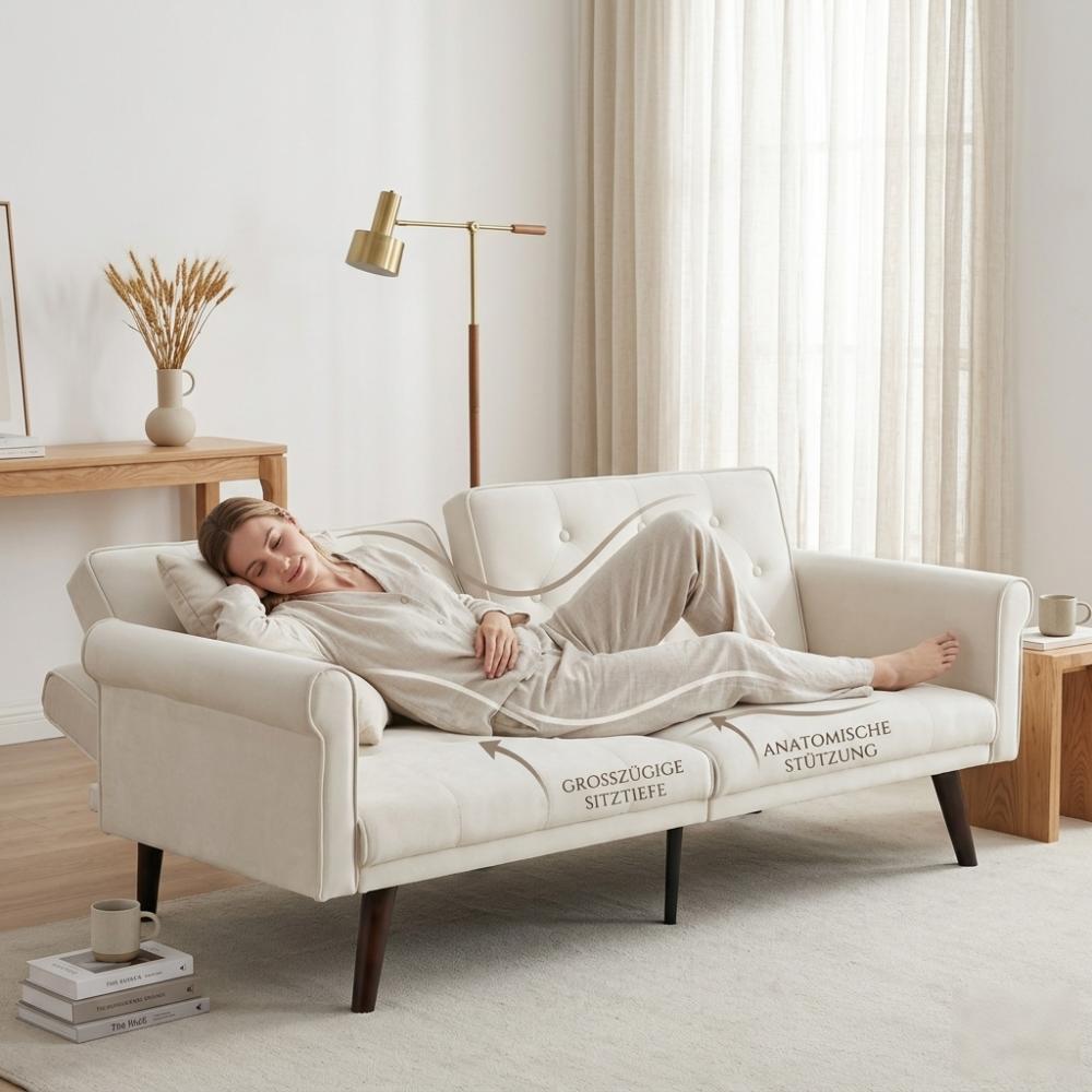 Image of Adjustable Sofa With 180° Guest Bed Function & 180kg Load Capacity, Velvet Upholstery, 20cm High Legs, 4 Wooden Legs + 2 Metal Supports, For Living Room & Bedroom & Apartments