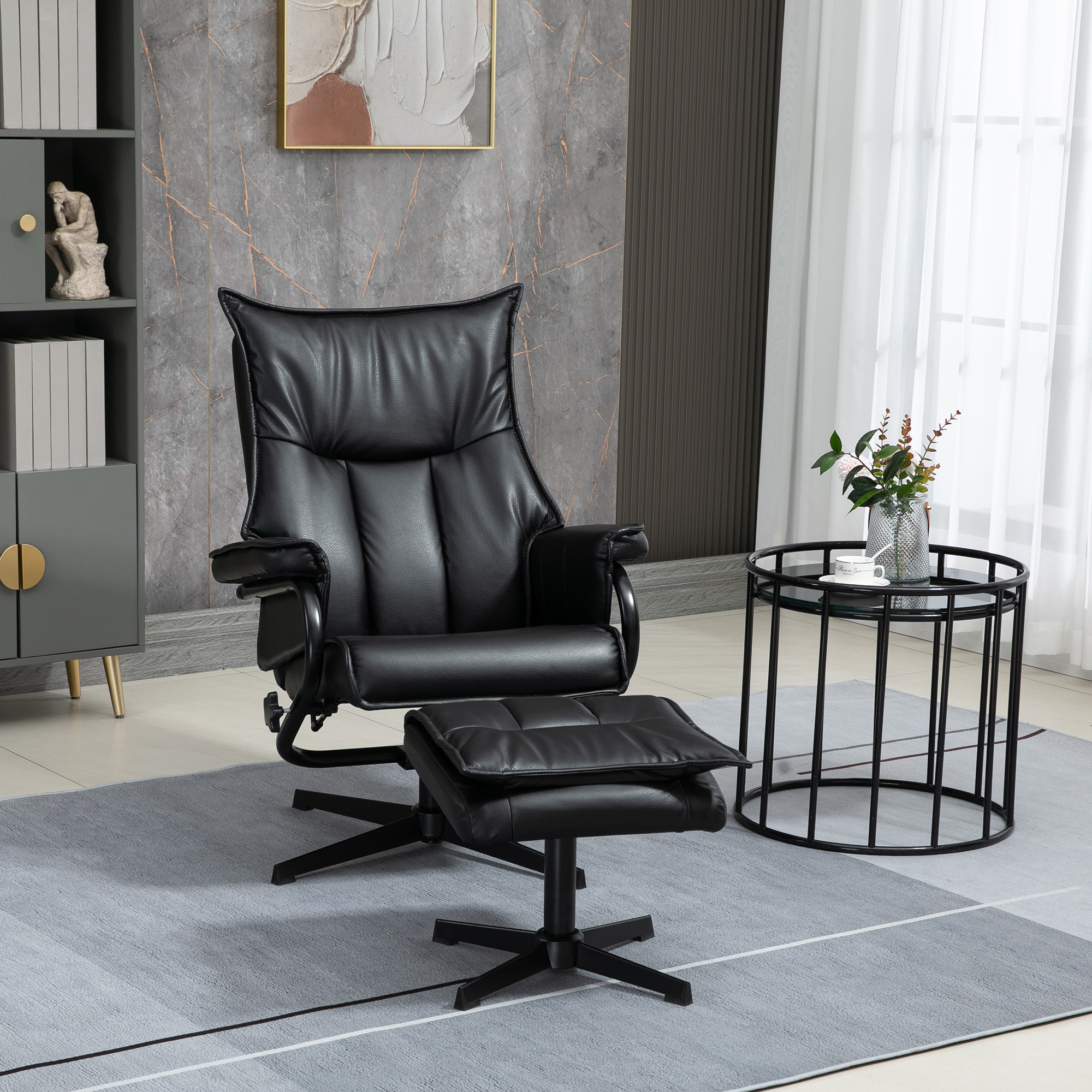 Relax Chair With Stool, Swivel Recliner, Tv Chair With Reclining Function, Tv Chair With Reclining Backrest, For Living Room, Office, Artificial Leather, Steel, Black