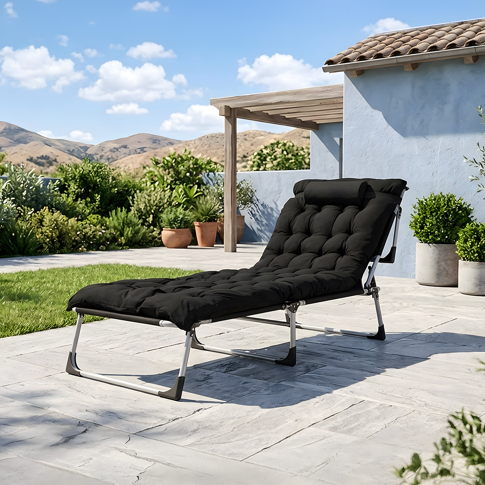 Black Portable Folding Camping Bed with Adjustable Backrest