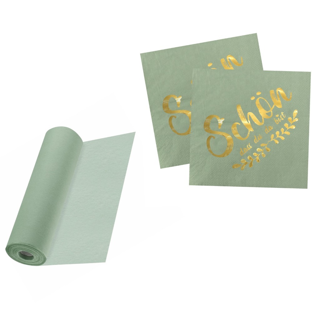 E-shop Tischdecken-Dekorationsset – Eukalyptusgrün – 40 Servietten + einfarbige grüne Tischdecke 30 cm x 25 m – Dekorative Tischdecken und Servietten