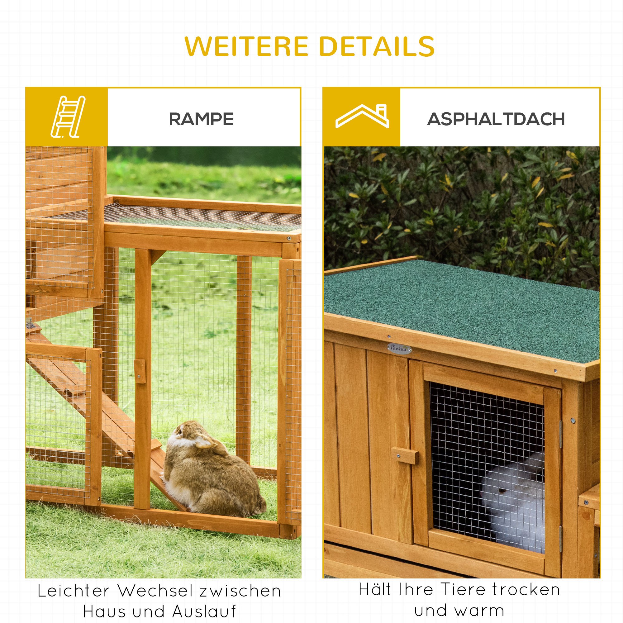 Rabbit Hutch with Removable Tray and Ramp, Small Animal Cage, Outdoor/Indoor Pine Wood, Orange, 141 x 60 x 86 cm