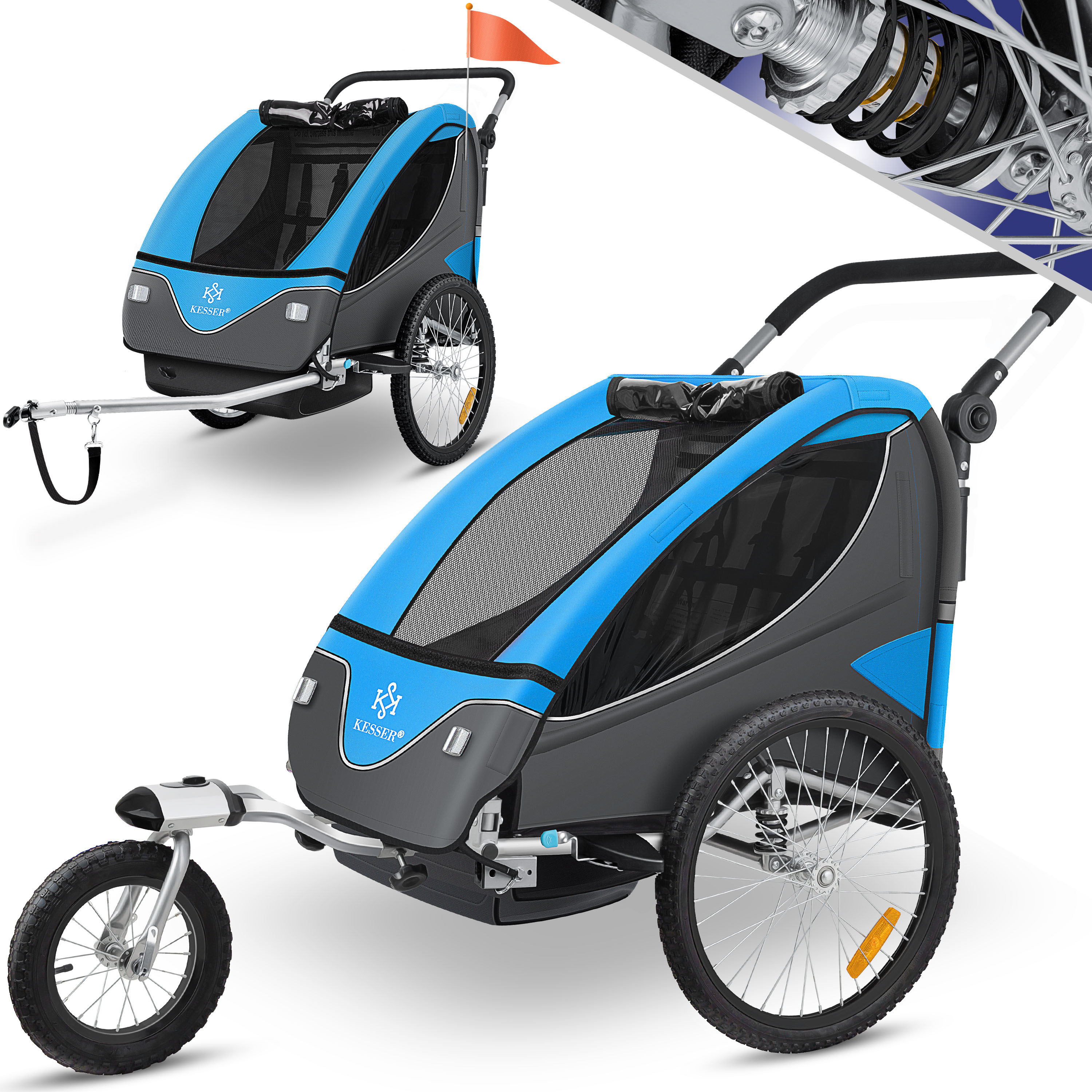 Image of Kesser® Kids Bike Trailer, 360° Swivel With Suspension, 2-in-1 Jogger Function, Child Bike Trailer + 5-point Harness Jogger Bike Trailer For 1 To 2 Children, Max. 40kg