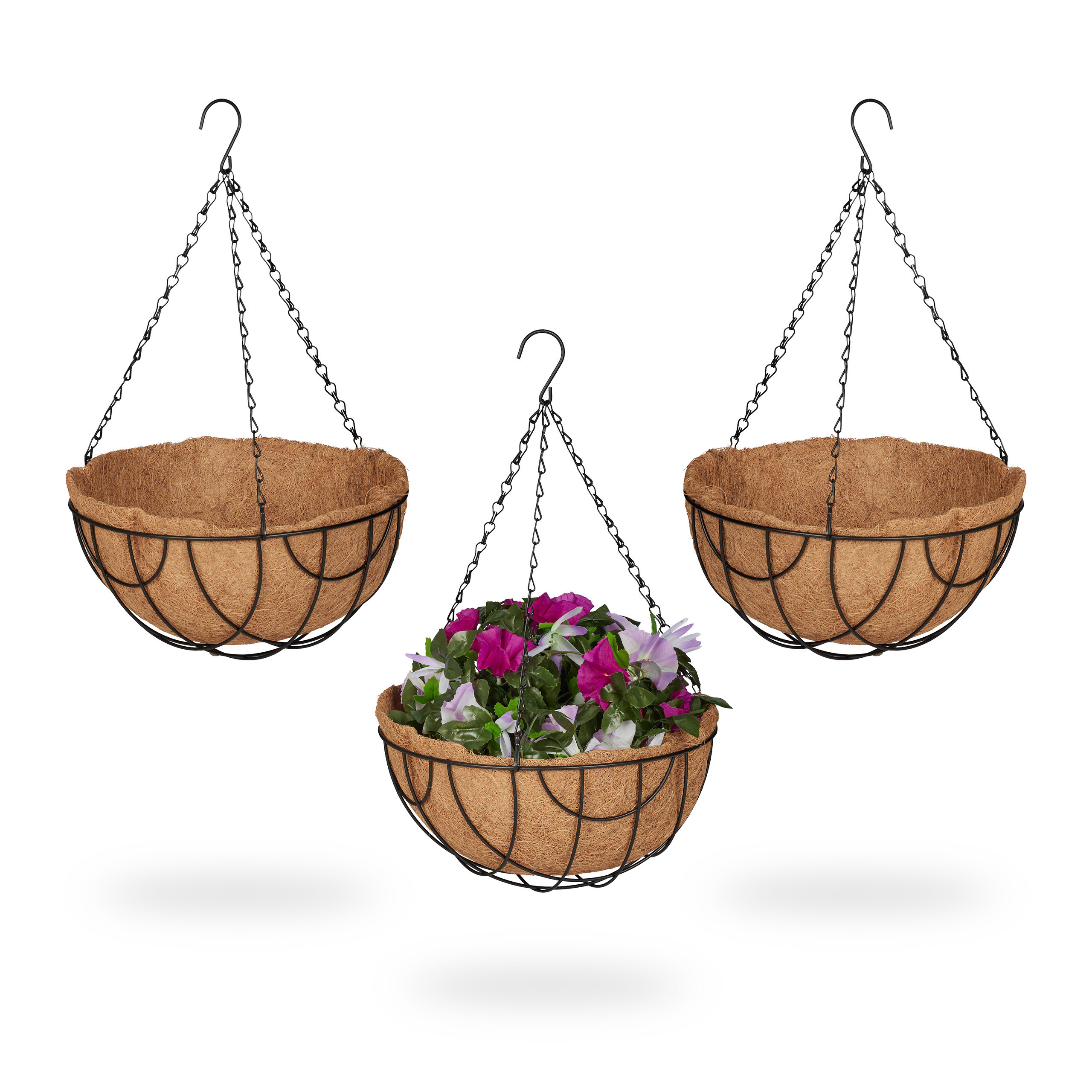 3 X Hanging Flower Baskets In Brown/black