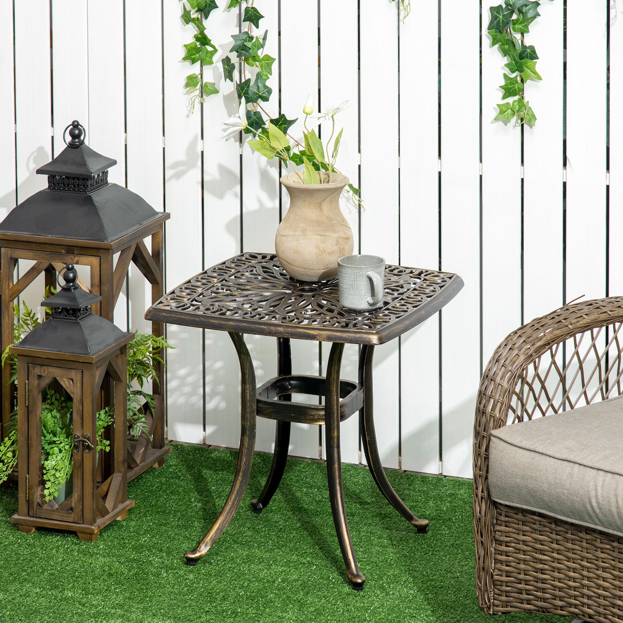 Side Table, Patio Table With Parasol Hole, Garden Table With Aluminum Frame, Coffee Table For Garden, Balcony, Bronze, 54 X 54 X 52.5 Cm