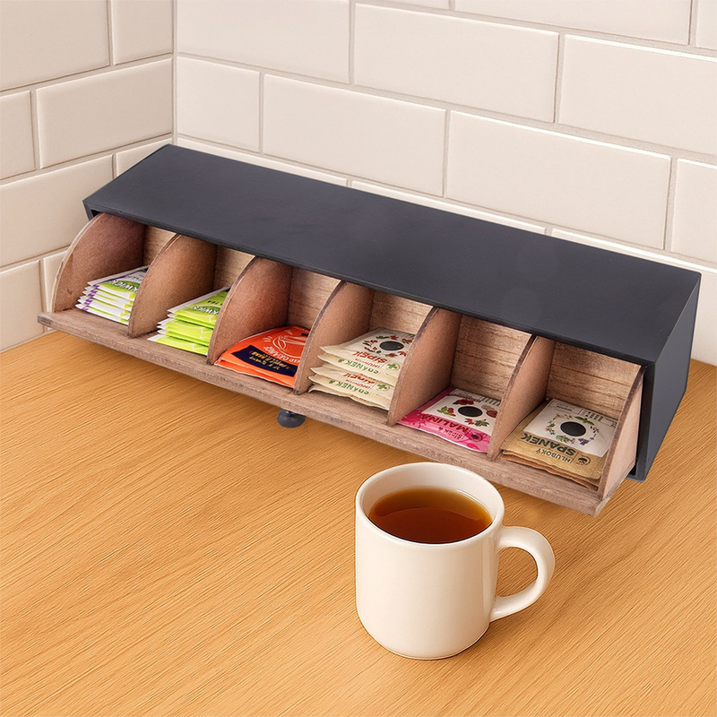 E-shop Teebehälter mit 6 Fächern, Teebeutel-Aufbewahrungsorganizer, praktisch und ästhetisch, aus MDF, Maße 43,5x9x11 cm, , schwarz mit brauner