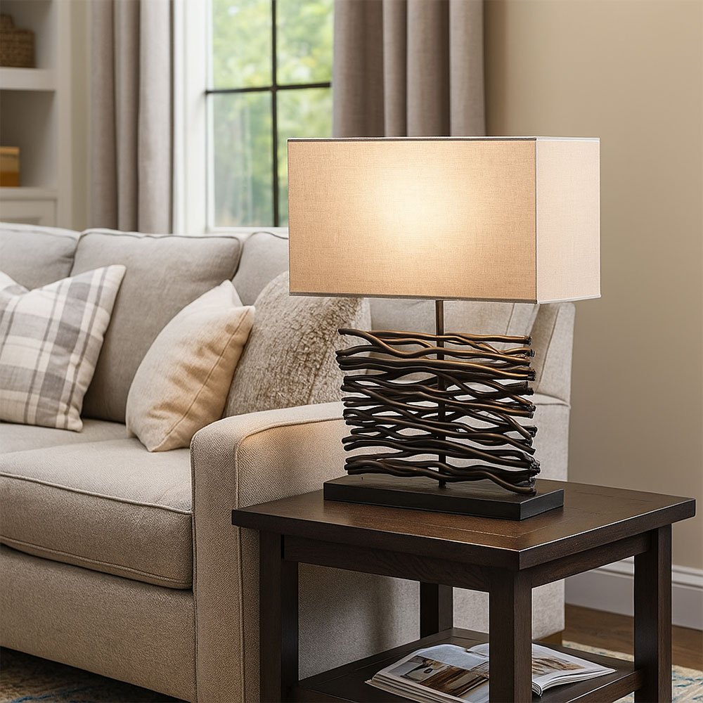 Image of Led Table Lamp, Side Lamp, Wooden Lamp, Desk Lamp, Living Room Lamp, Black Wood, Grey Fabric, 10.5w 1055 Warm White, H 50 Cm