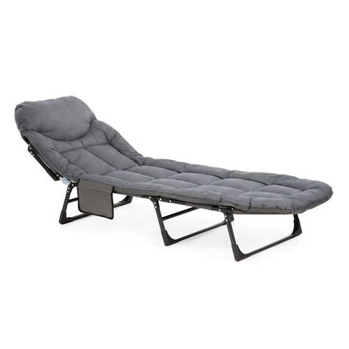 ® łóżko turystyczne składane 200x65cm leżak ogrodowy z regulacją 6-stopni nośność 150kg. miękka polówka z poduszką i kieszenią boczną, tkanina oxford 600d. wytrzymałe łóżko polowe na kemping, , plażę i taras. solidny stalowy stelaż, składany fotel do opalania, przenośna kanadyjka szara. komfortowy wypoczynek na świeżym powietrzu