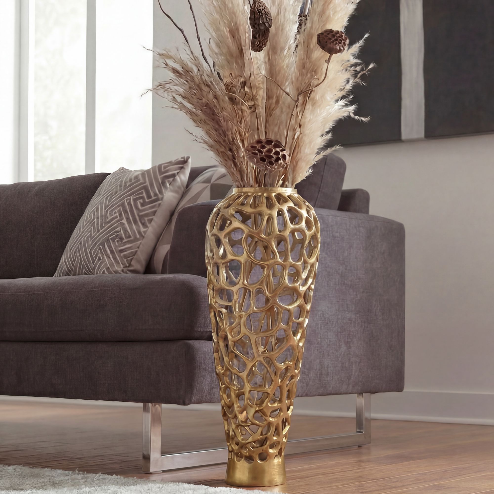 Image of Aluminum Floor Vase 60cm Gold - Large Design Flower Vase - Modern Metal Vase - Round Decorative Vase For Dried Flowers - Tall Xl Standing Vase - Living Room Decor - Decor