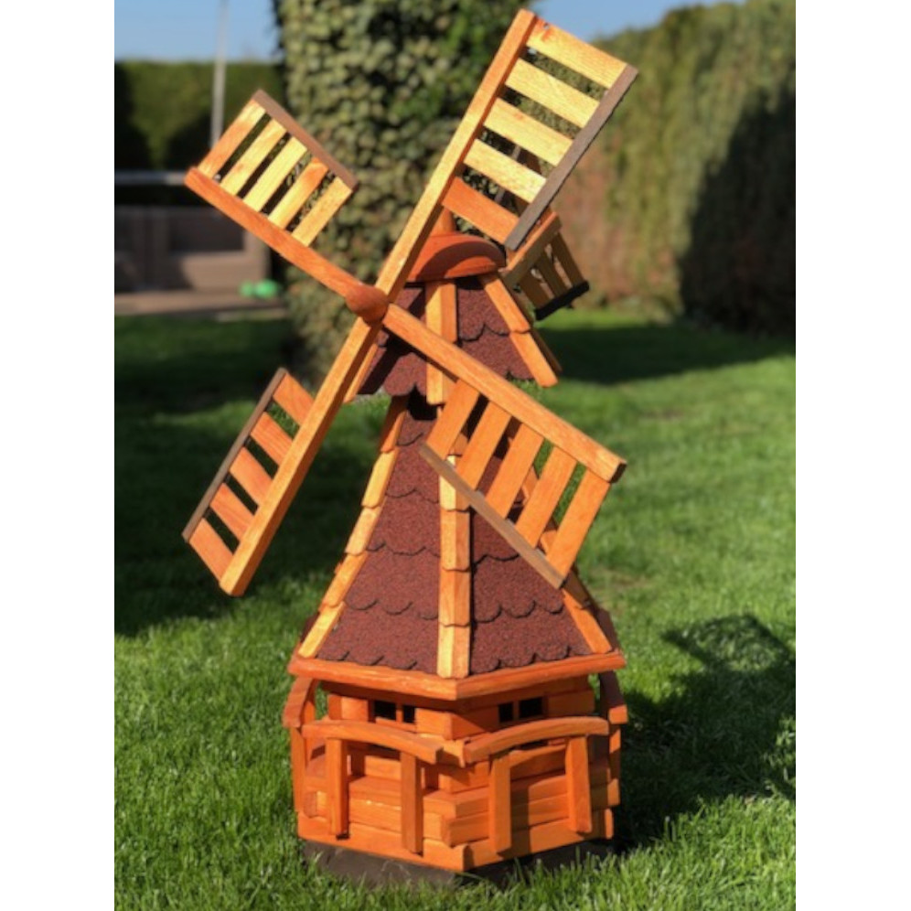 Six-sided Wooden Garden Windmill With Ball Bearings, Brown/red, Height 95 Cm