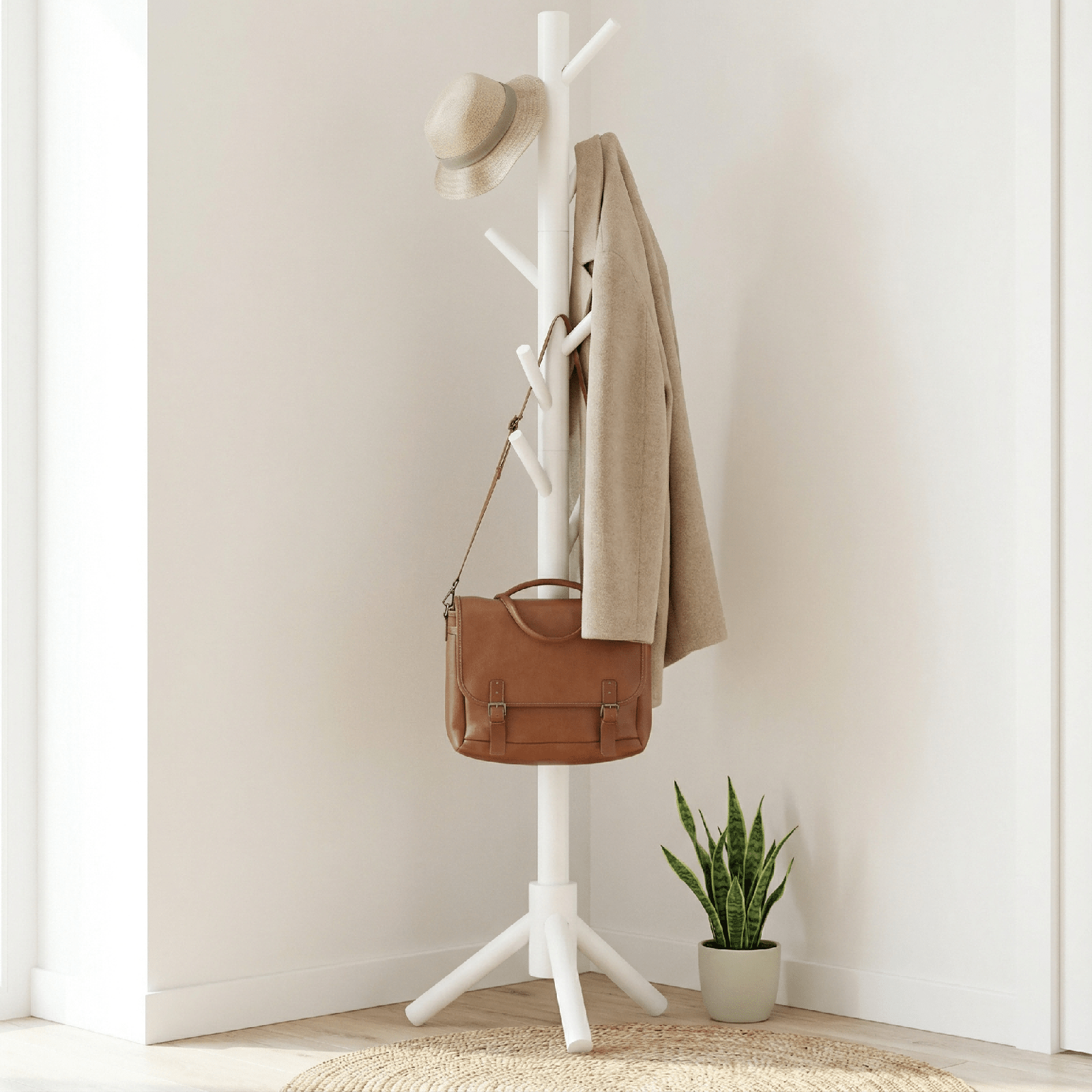 Image of White/, Freestanding Wardrobe, With 3 Adjustable Sizes & 8 Hooks, Stable Wooden Wardrobe Stand For Clothing, Hat, Used In Bedroom/office/hallway