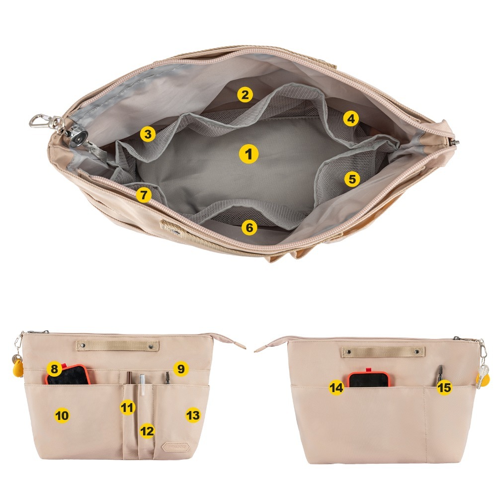 TEMU Tote Bag Inner Storage Bag, 15 Compartment , Lightweight And Durable, With Key Hanging Ring, Designed For Women's Handbag Organization