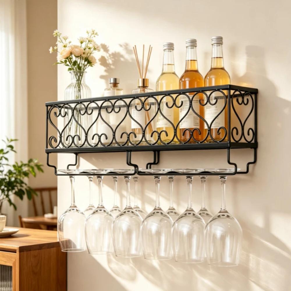 Image of Black Iron Wall Hanging Wine Glass Rack, Sturdy Metal Stemware Holder With | Wall Mounted Bar Organiser For Glasses, Perfect For Home, Pub & Restaurant