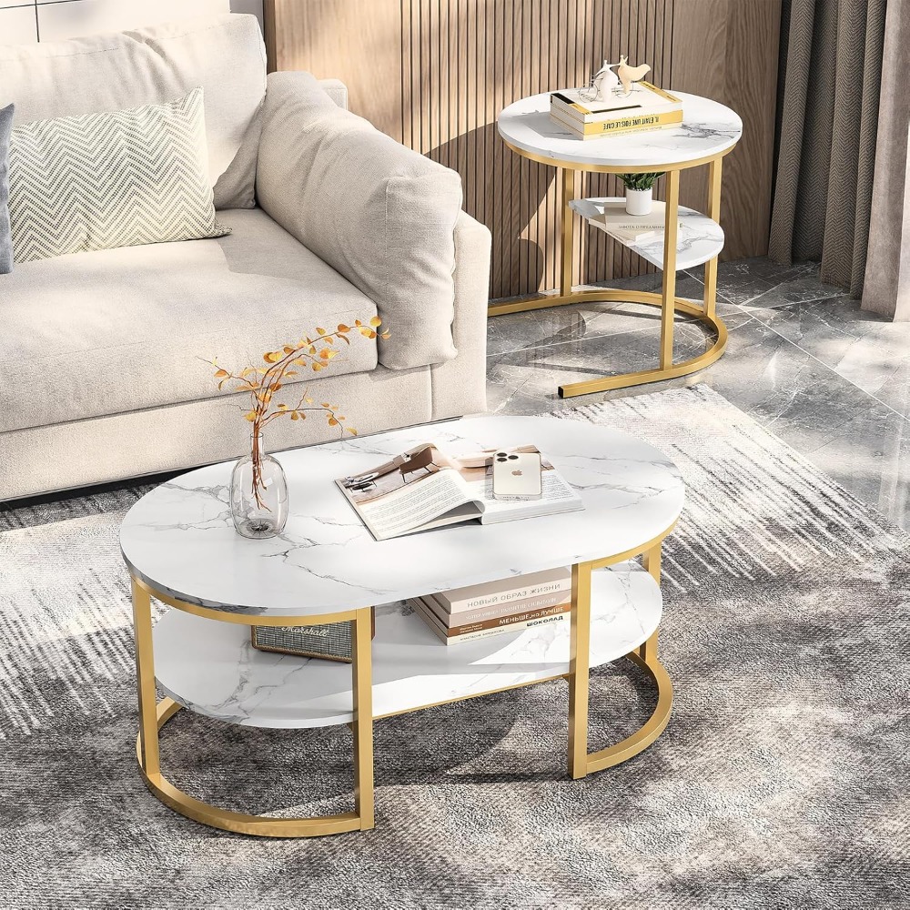 TEMU Cadre Métallique, Plateau en Bois de Haute Qualité, Table de Salon, Table Basse, Table Basse Ronde et Ovale, Recommandation de Noël, Ensemble de
