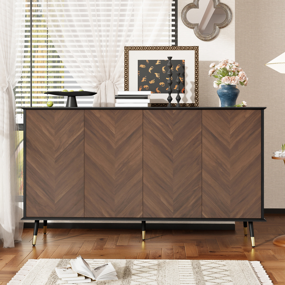 Image of Sideboard With Fishbone Pattern & Black Surface | With Height-adjustable Shelves | Hinges (quiet & Secure) | For Dining Room, Living Room, Hallway | As Buffet, Organizer, Dresser | & Flexible