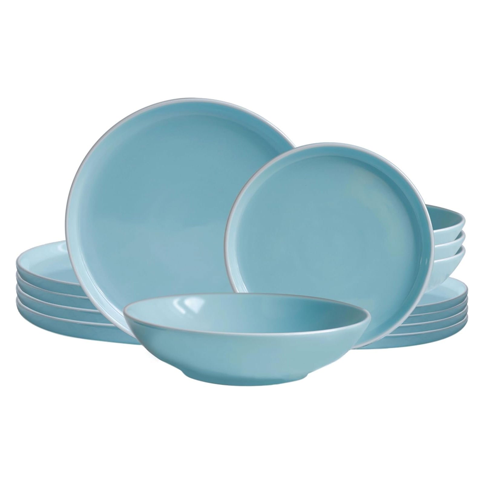 Image of Echtwerk 12-piece Vintage "nerea" Nature-design Dinnerware Set For 4, Stoneware Tableware In Pastel Colors With 4 X Dinner Plates, 4 X , 4 X Soup Bowls, Mint