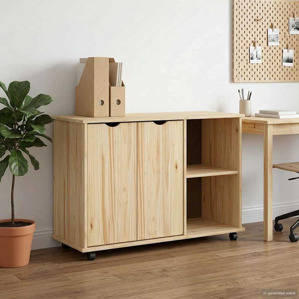 Image of Vidaxl Rolling Cabinet With Wheels Brown 100 X 39 .5 Cm Solid Wood Pine, Study, Rectangular Minimalist Cabinet, Mobile Storage Unit For Home Office, Functional Wood Quality, Lots Of Space