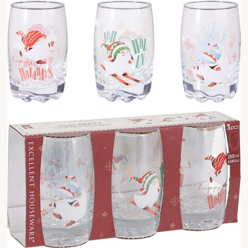 TEMU Festive Drinking Glass Set 3pcs 250ml Clear Glass Tumblers With Gnome Design Prints For Seasonal Table Decoration And Beverage Serving Holiday