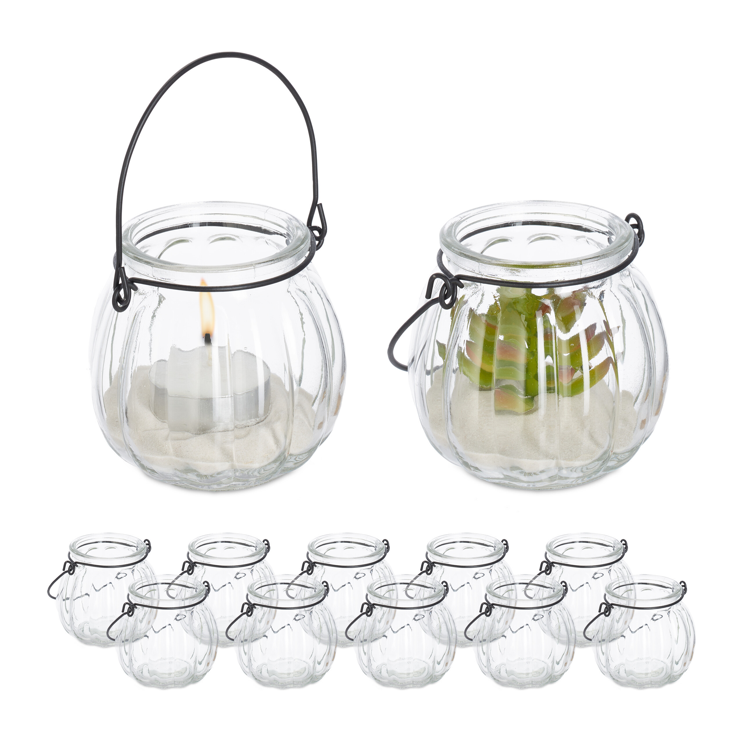 TEMU Lantern With Handle, Set Of 12, Glass And Iron, 7.5 X 8 Cm, Height With Handle 13.5 Cm, Opening 4.5 Cm, Transparent And Black, For Living Room,