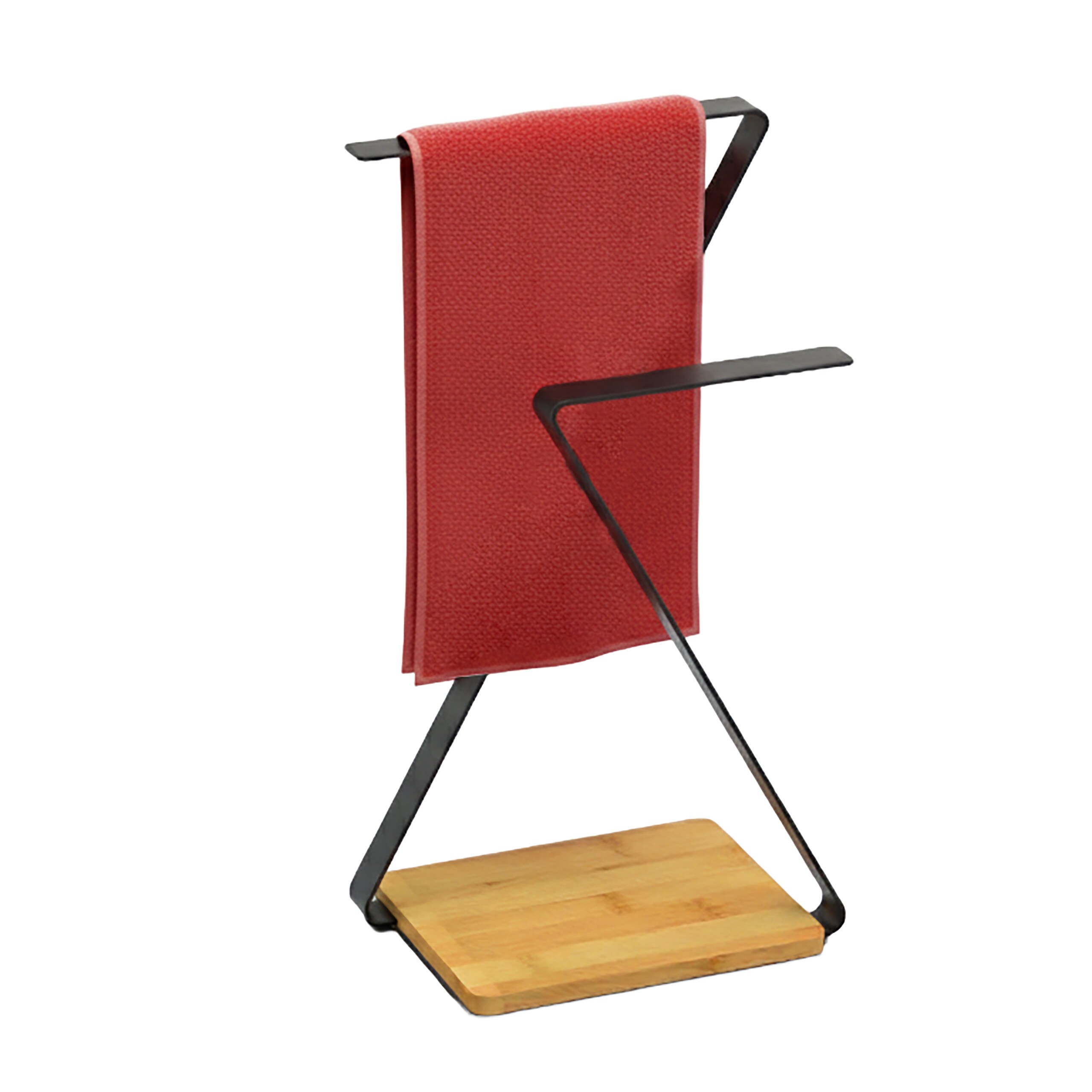 Image of 2-arm Towel Rack, X 26.5 X 15 Cm, Iron And Bamboo, Black With Natural Shelf, Freestanding, For Bathroom, Guest Toilet, Kitchen, And Office, Towel Holder, Guest Towel Holder, Dish Towel Rack, Relaxdays
