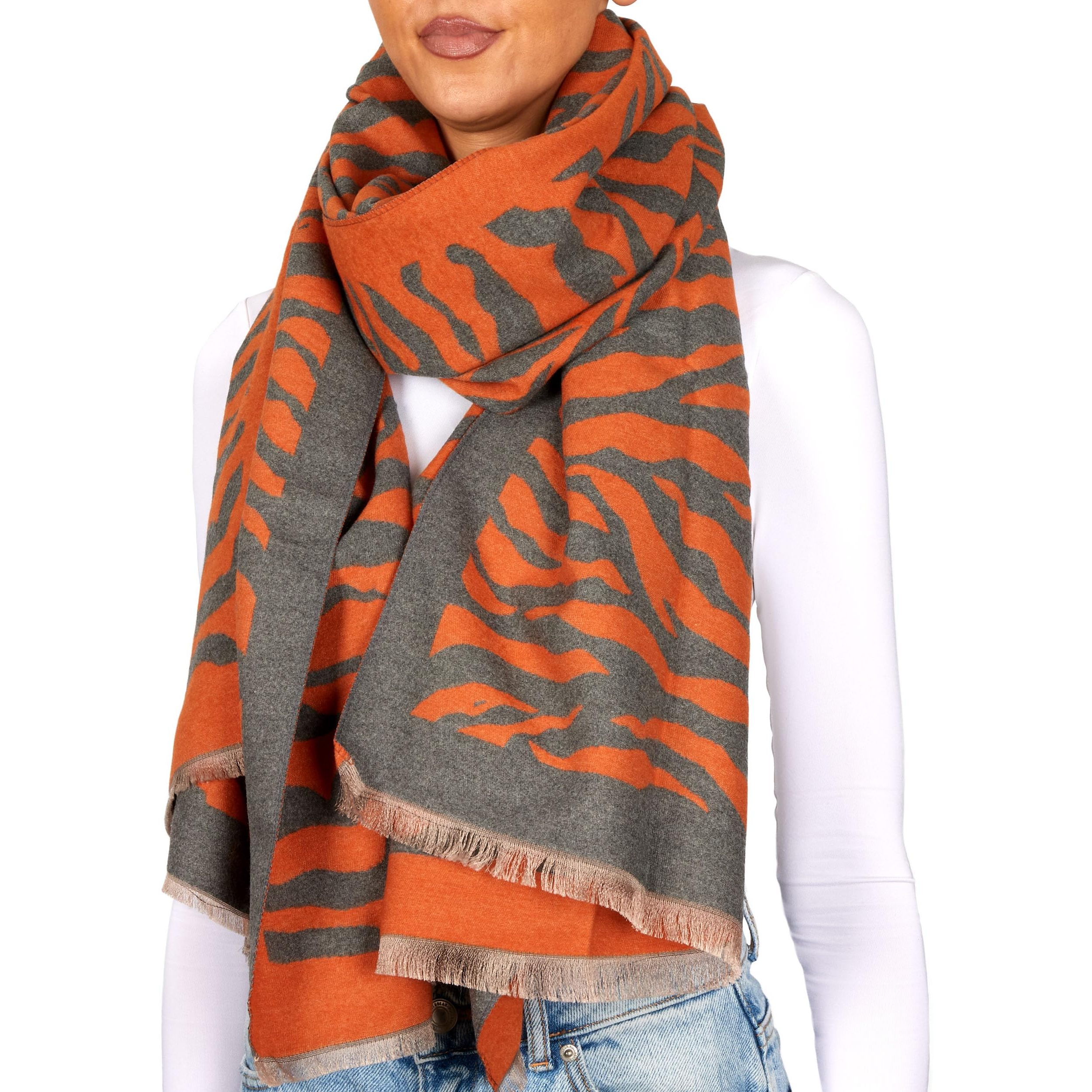 Image of Brubaker Cashmere Scarf For Women With Zebra Pattern - 70 X 200 Cm - Warm, Cozy & Oversized - Striped Women's Scarf For Autumn & Winter - Winter Scarf With Soft Cashmere Feel - Orange Grey