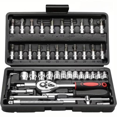 45pcs heavy duty stainless steel tool set with ratchet wrench socket wrench bits sockets precision tool kit suitable for auto repair bike maintenance repair tool with box