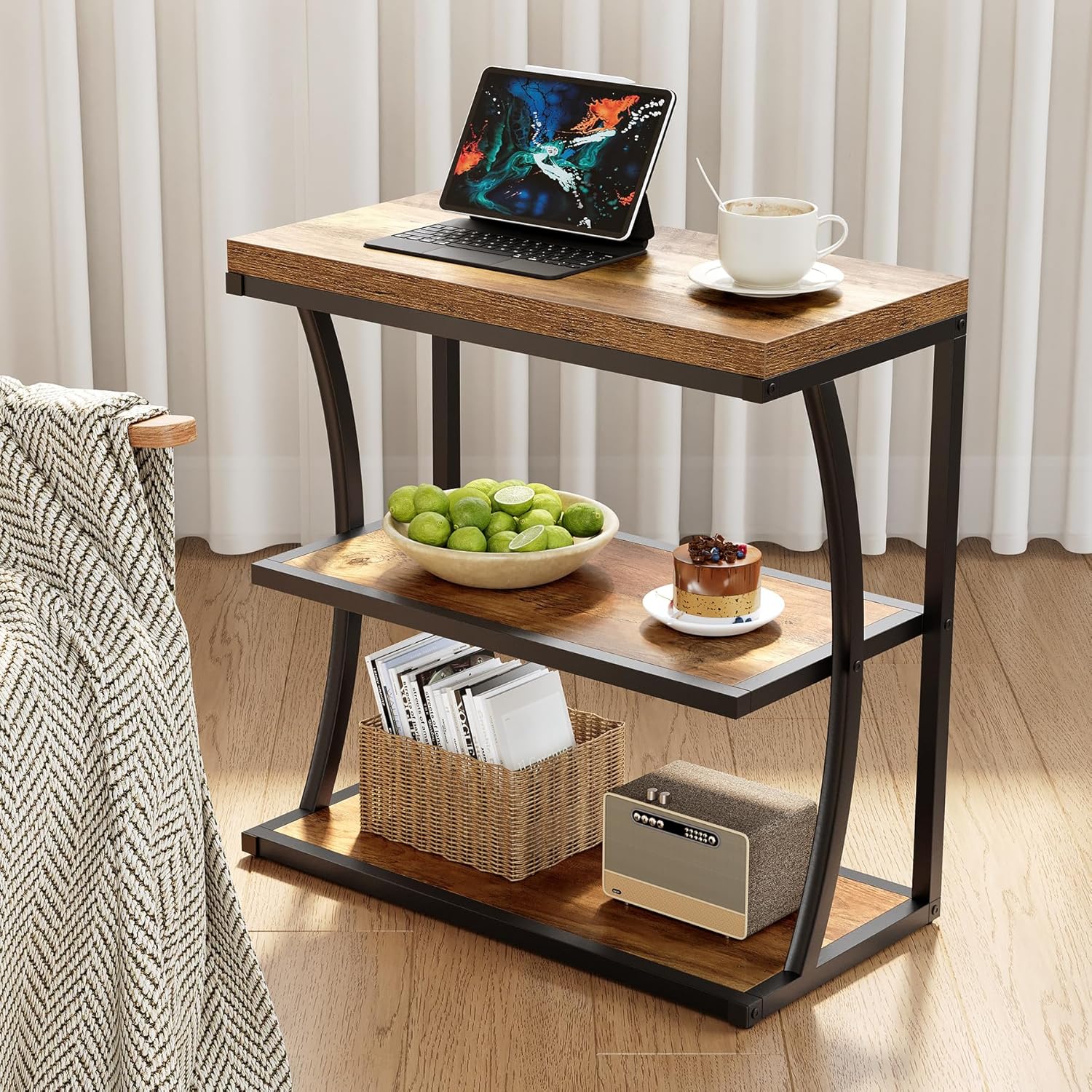 Image of Small Narrow Side Table, Farmhouse And Wood Nightstand With Storage For Bedroom Small Spaces Office In Brown.