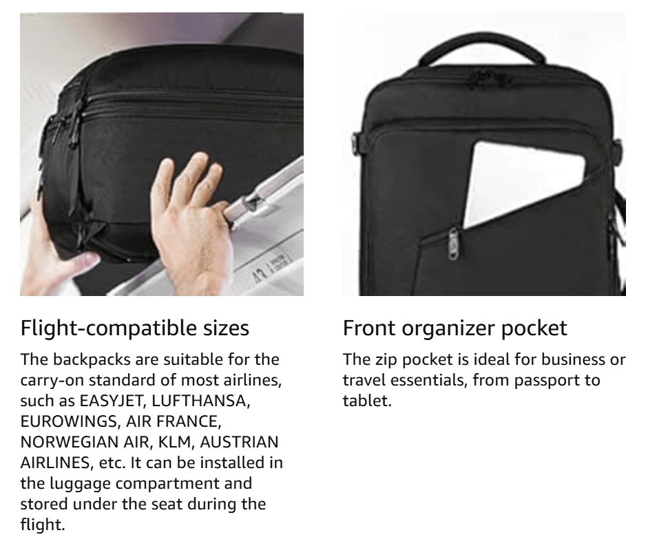 Sac à dos de voyage extensible, 50x35x15/20cm, sac à main extra large pour hommes et femmes, sac de week-end, design convertible 3-en-1 avec sangles d'épaule cachées, poignées rembourées, plusieurs compartiments, léger, panneau arrière en maille d'air confortable, sangle de poitrine, organisation efficace, rangement de passeport et essentiels, sac de cabine pratique et flexible, cadeau parfait, noir